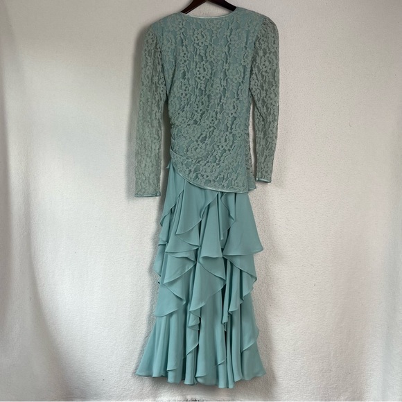 Vintage 70 80s Cheryl Kaye Sea Green Lace Asymmetric Cascading Ruffle Wrap Dress - Picture 12 of 16